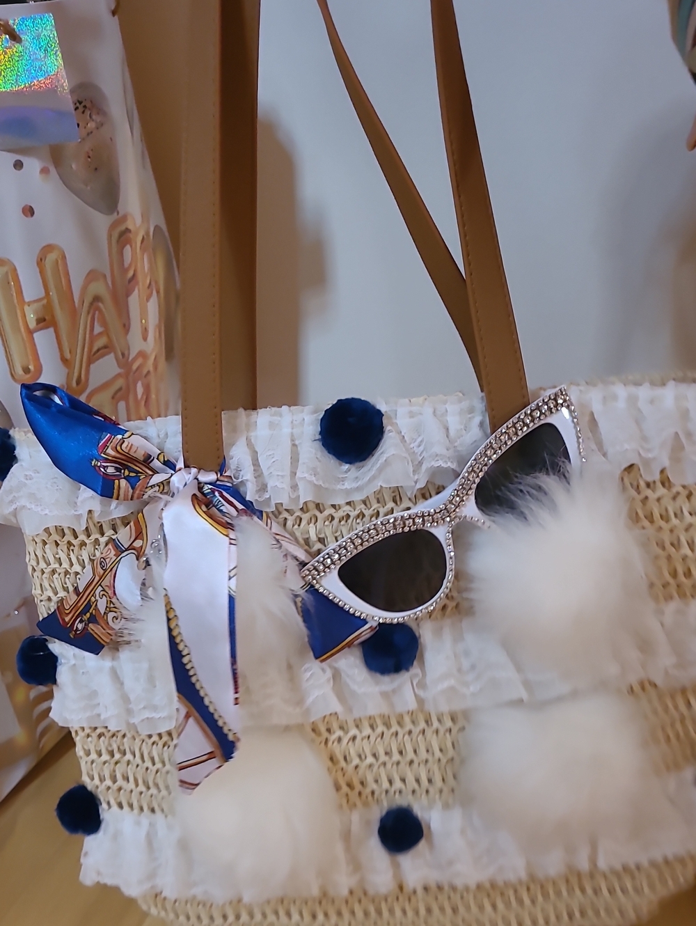 Grl On The Go Straw Tote Bag with Blue Pom-Pom Accents Set